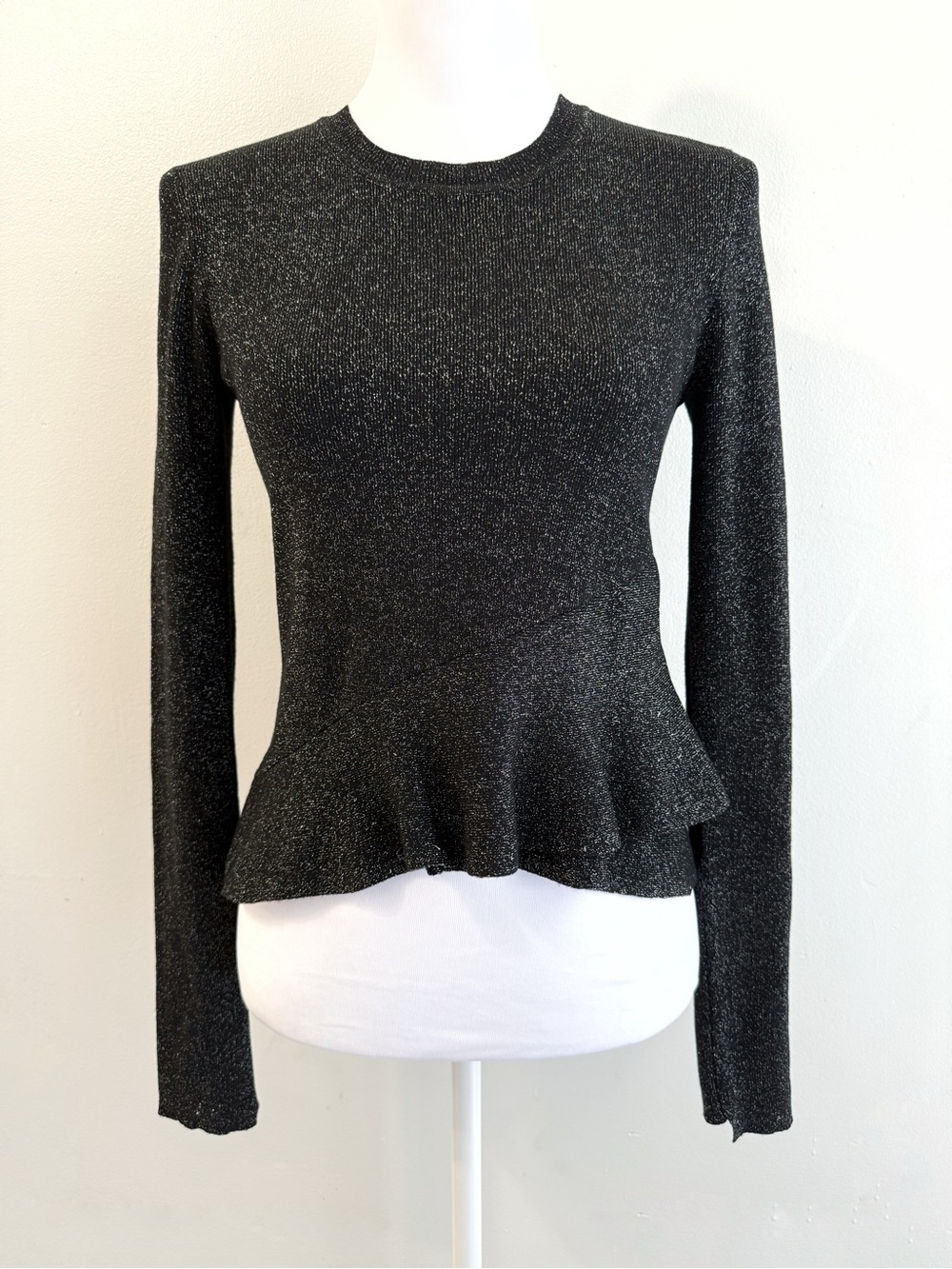 ALC A.L.C metallic black knit ruffle bottom trim round neck sweater top